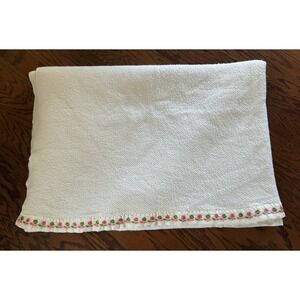 Vtg Pink Green Floral Embroidered Satin Trim Waffle Weave Acrylic Blanket 66x90"